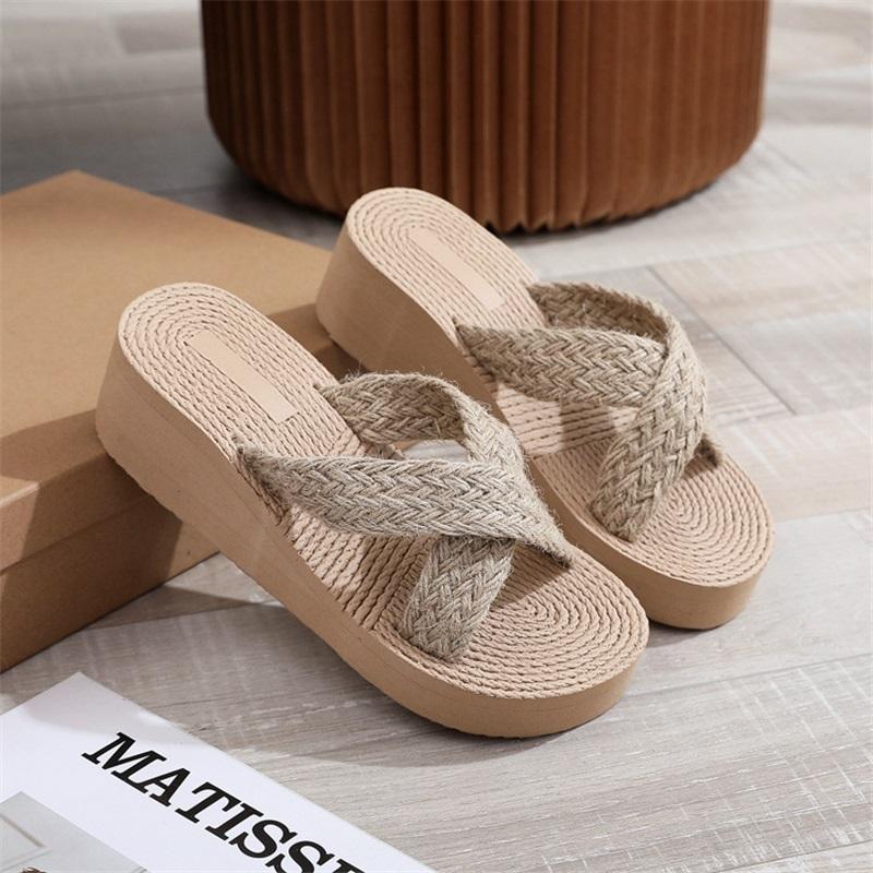 Шлепанцы из пеньковой веревки с перекрестными ремешками, женские, этнический стиль, летние, подошва из искусственной пеньки, имитация соломы, на толстой подошве, сандалии для путешествий 36