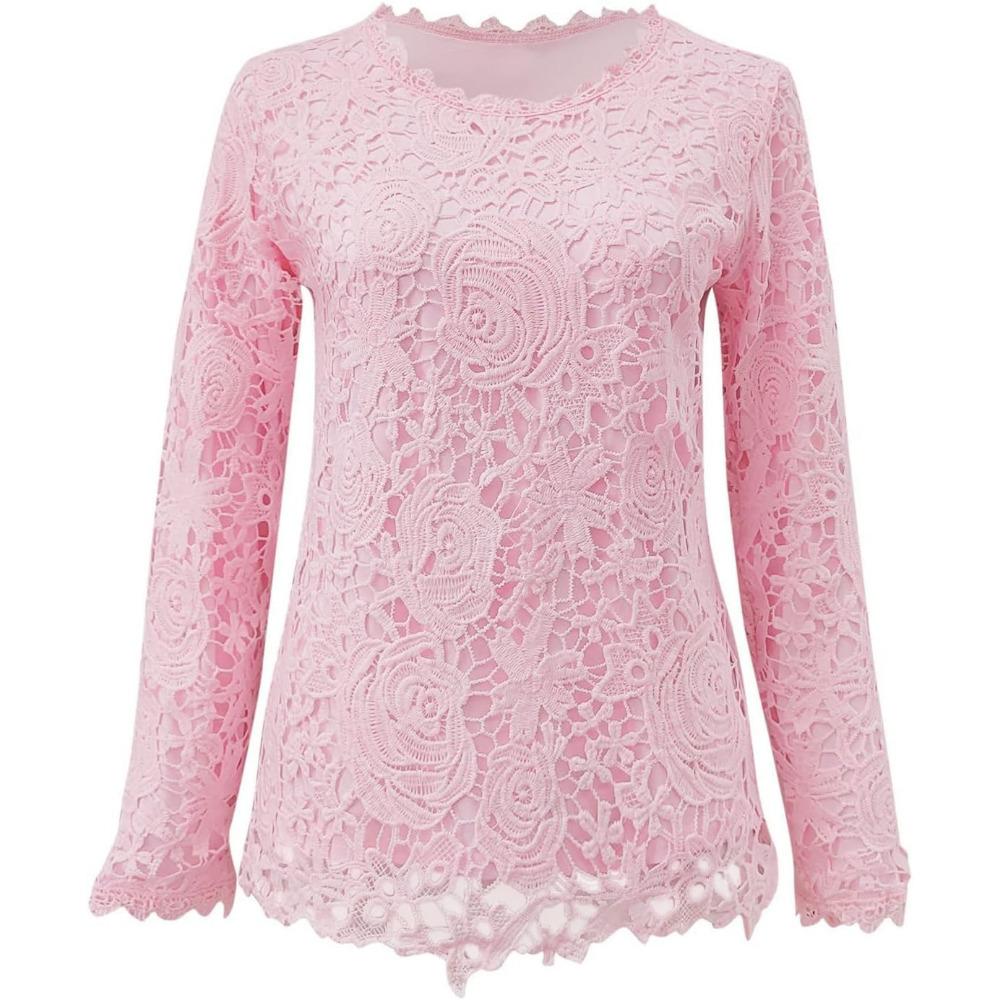 Tshirts Sleeve Long Tops Womens Lace Slim Fit Blouses Crewneck Tunic Tops Fall Shirt Loose Pullover Blouse