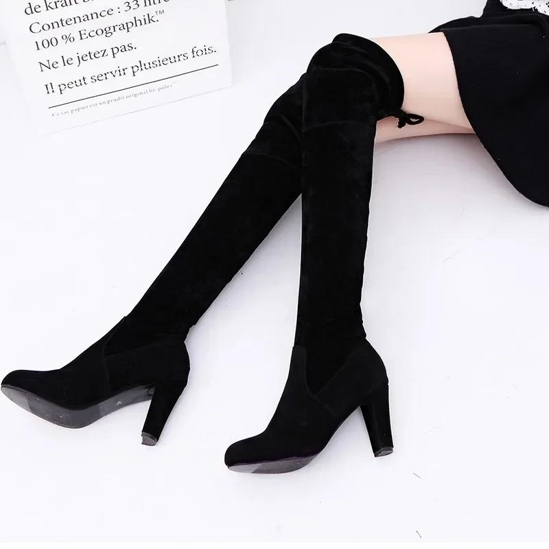 Fashion Brand Thigh High Botines Mujer Plush Fur Shoes Winter Stovepipe Stretch Over Knee Long Boots Women Lace-up Velvet Knight Bottes