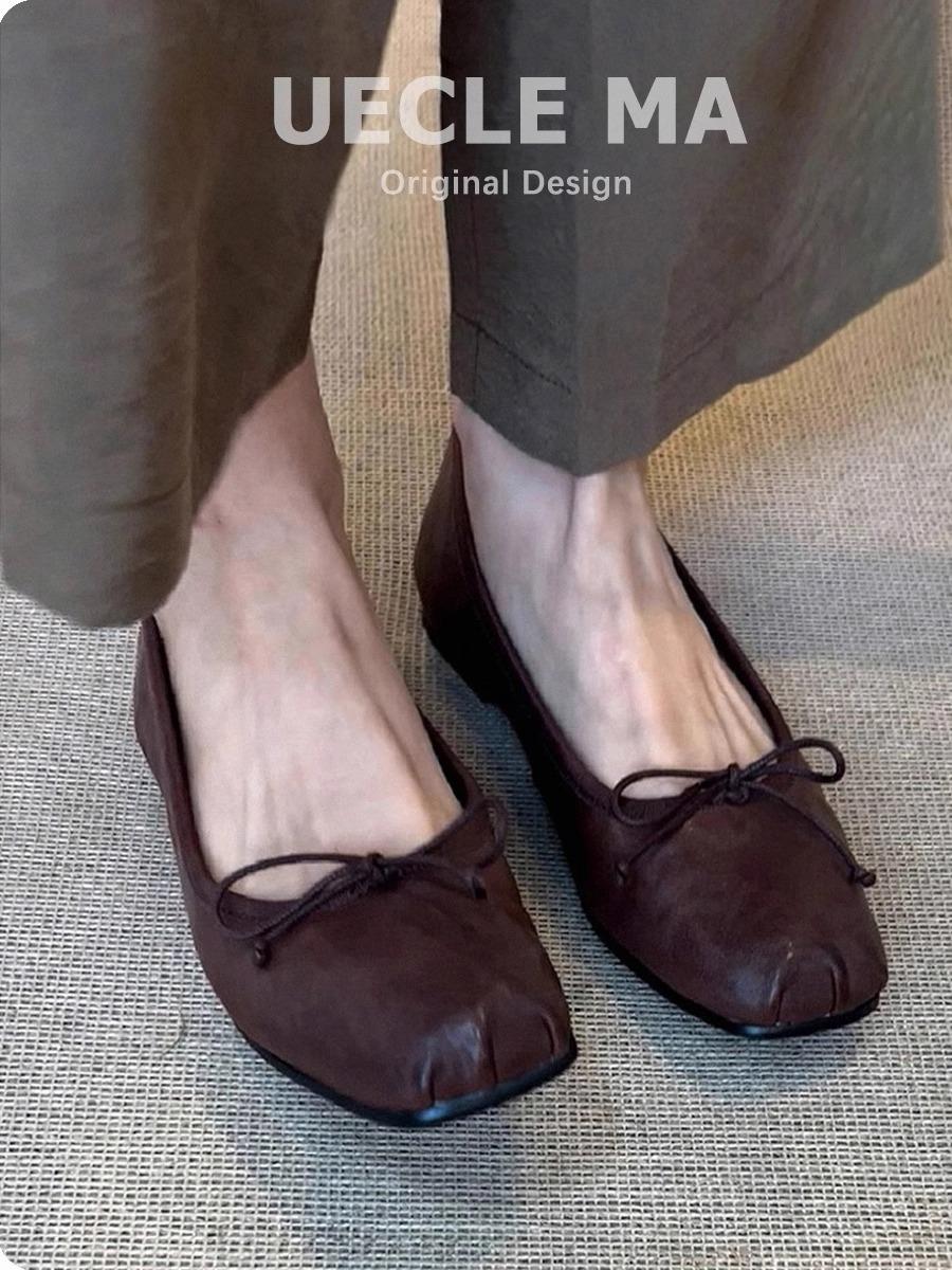 

Модель из коровьей кожи~ Мягкая подошва не утомляет ноги~ Ретро туфли-лодочки на плоской подошве женские универсальные вечерние туфли с бантом балетки с носом-пятачком 40 коричневый