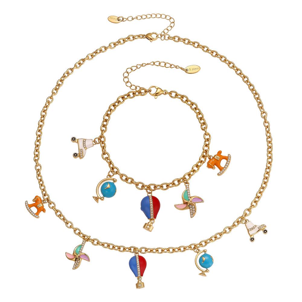 Oumaijia Stainless Steel Zircon Pendant Jewelry Set: Non-Fading Bracelet & Necklace