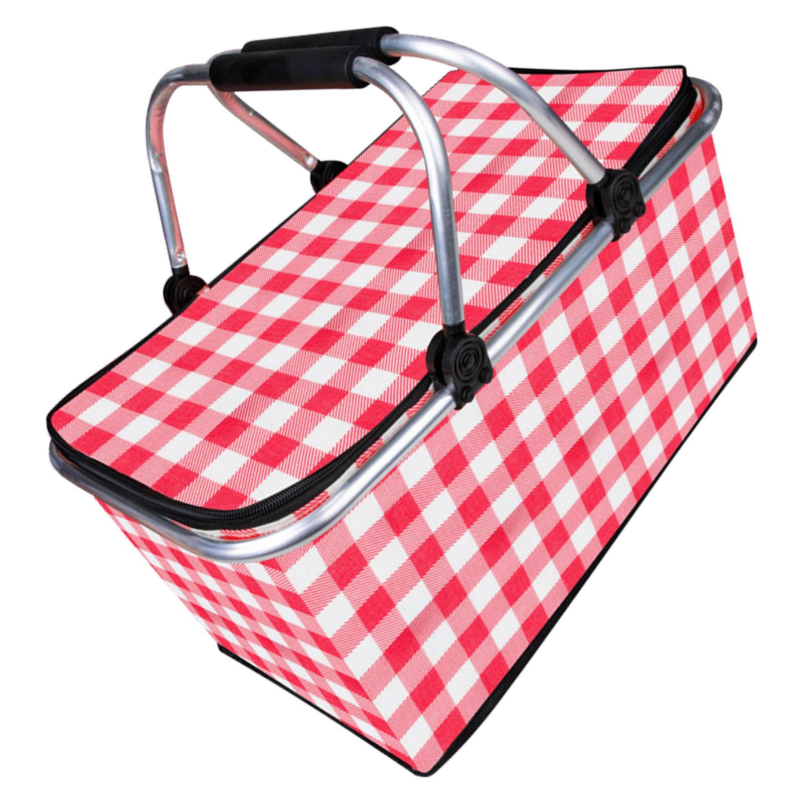 

Picnic Basket Foldable Oxford Cloth Insulated Storage Basket with Check Pattern for Picnic Camping