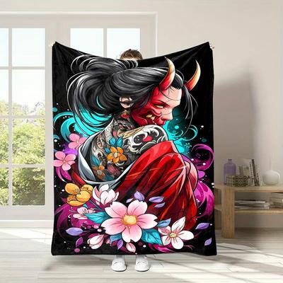Geisha Black Art Pattern Flannel Printed Blanket Suitable for All Seasons Suitable for Living Room Office Sofa and Travel