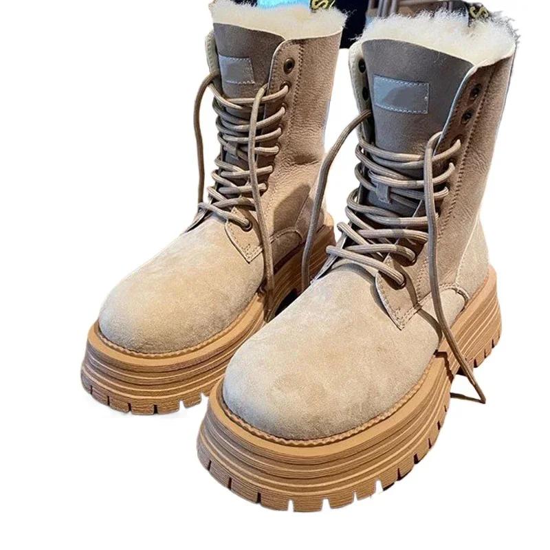 Platform Snow Ankle Boots Women Fur Warm Suede Shoes Woman 2025 Trend Winter Short Plush Goth Walking Motorcycle Botas De Mujer