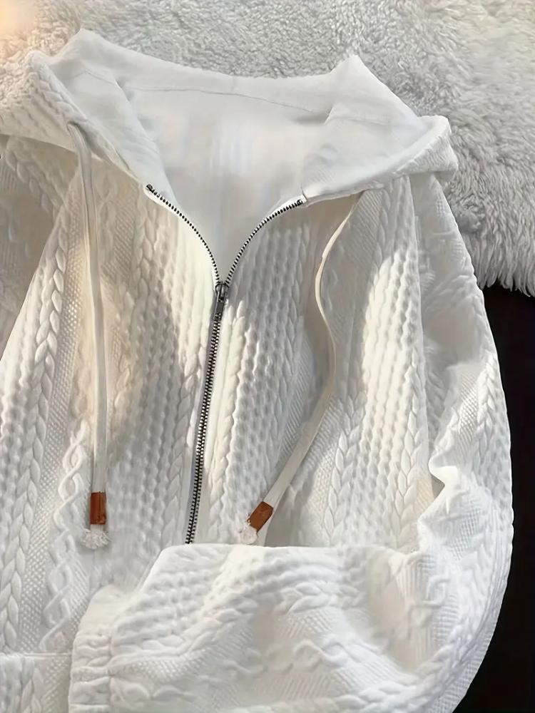 Women's Casual Hooded Sweatshirt - White Textured Pullover with Adjustable Drawstring Hood, Front Zipper & -Like Patches, Sweater Hoodie