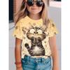 New Summer Girls Clothes Cartoon Cute Cat Graphic Short Sleeve Tops 4 To 14 Years Casual Children