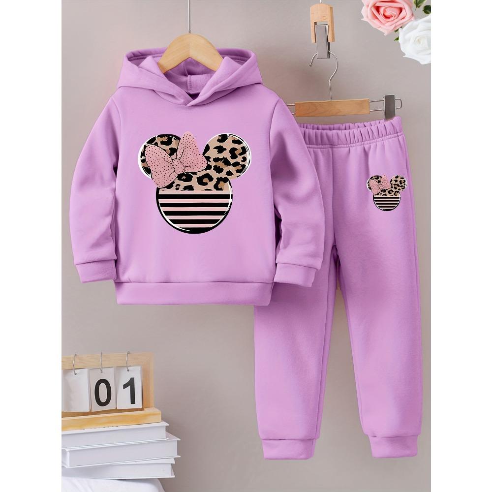 2 Sets Mode exquisites Mädchen Herbst/Winter Muster bedruckt mit Fleece warm gefüttert Kapuzenpullover und Trainingsanzug Hose