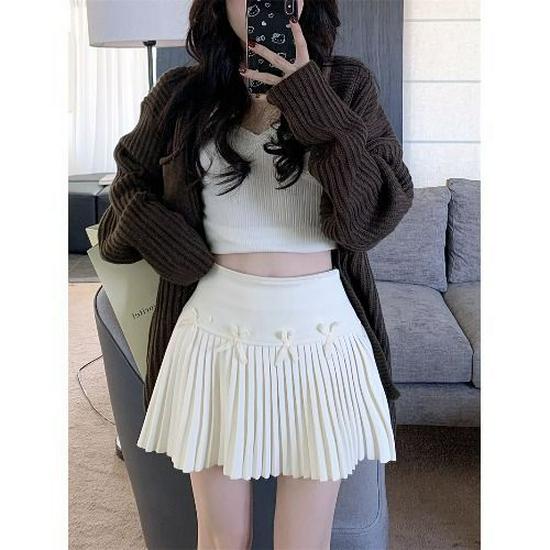 High-Waisted Bowknot Woolen Pleated Mini Skirt for Petite Women - Winter Anti-Exposure Design