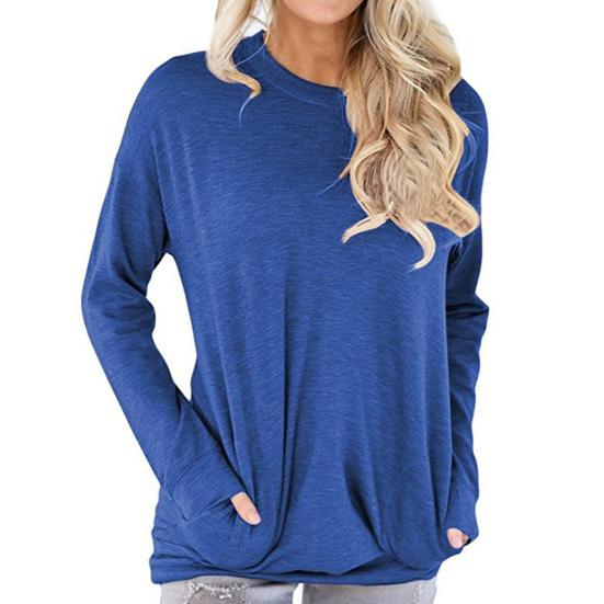 חולצת טי-שירט רפויה לנשים, צבע אחיד, שרוולים ארוכים, עם כיסים, טוניקה רפויה, סתיו