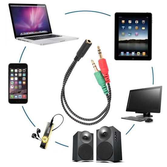 3.5mm 2 Male 1 Female Jack Plug to Audio Mic Headset Splitter Adapter