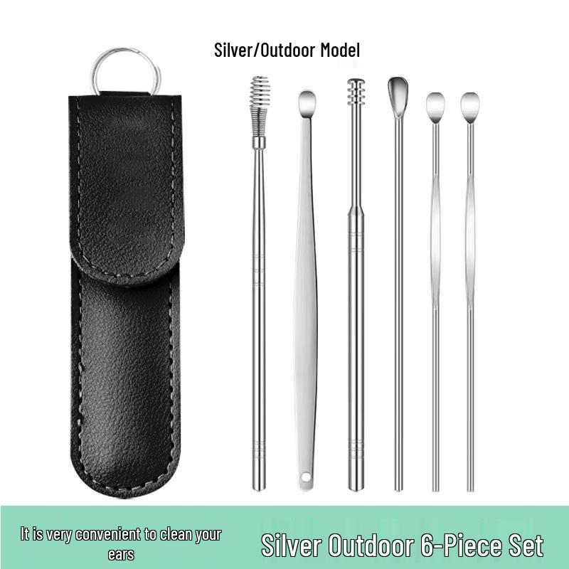 6-Piece Stainless Steel Ear Cleaning Set: Portable Spiral and Spoon Tools