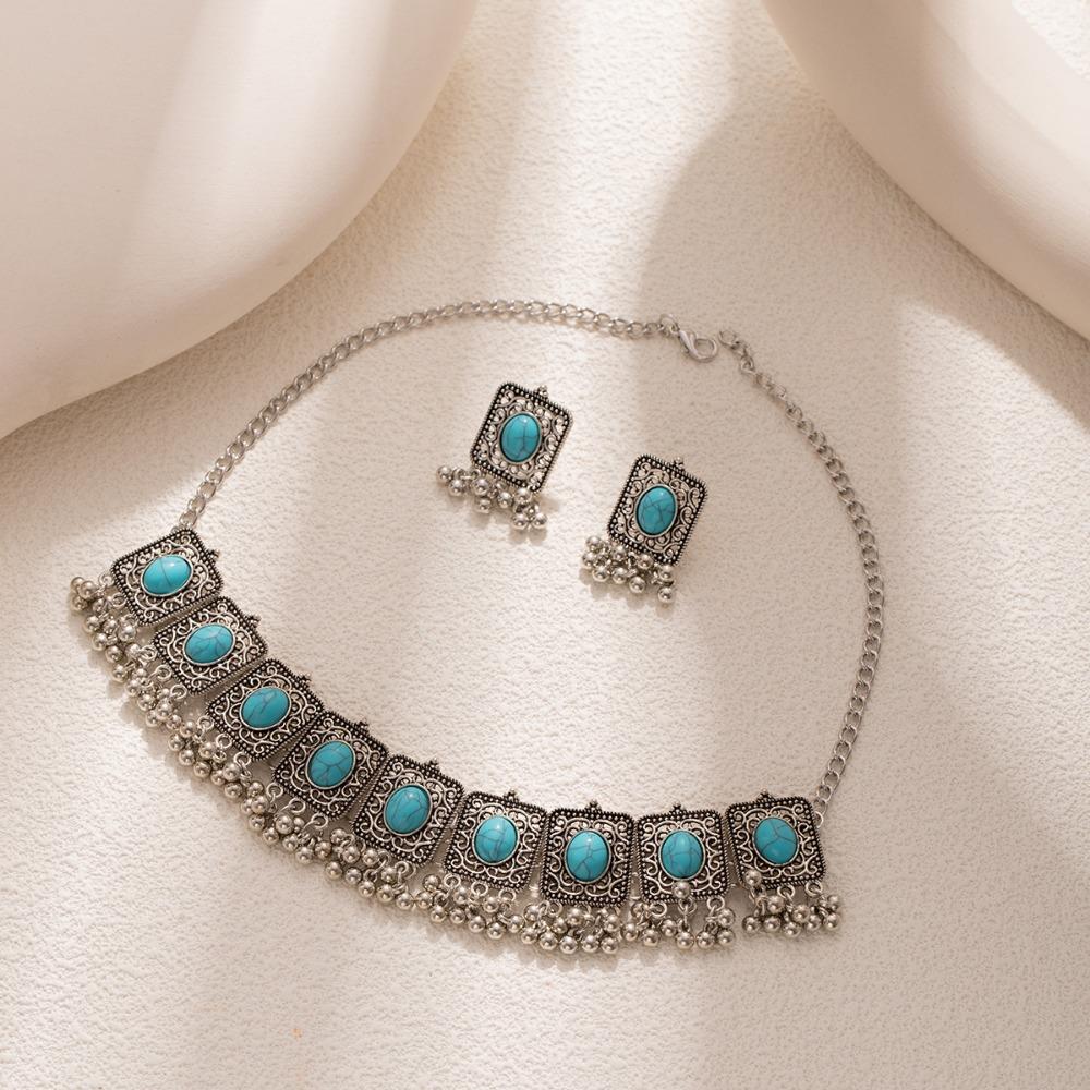 Ethnic Style Necklace Earrings Set Rhinestone Inlaid Women Jewelry Set  Women