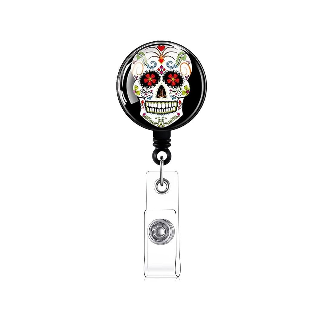 Halloween Skull Badge Reel Holder Clips Retractable Keychain Mexican Day Of The Dead Id Badge Reel Key Chain For Doctor Nurse