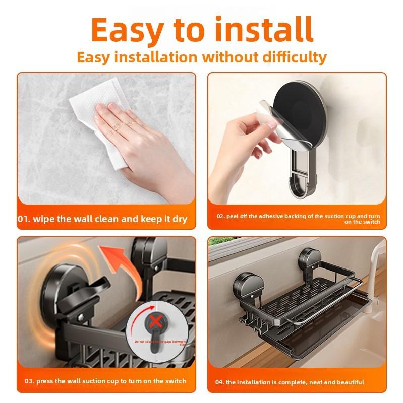 Kitchen Aluminum Suction Cup Sink Organizer With Drip Tray For Wall Mounting