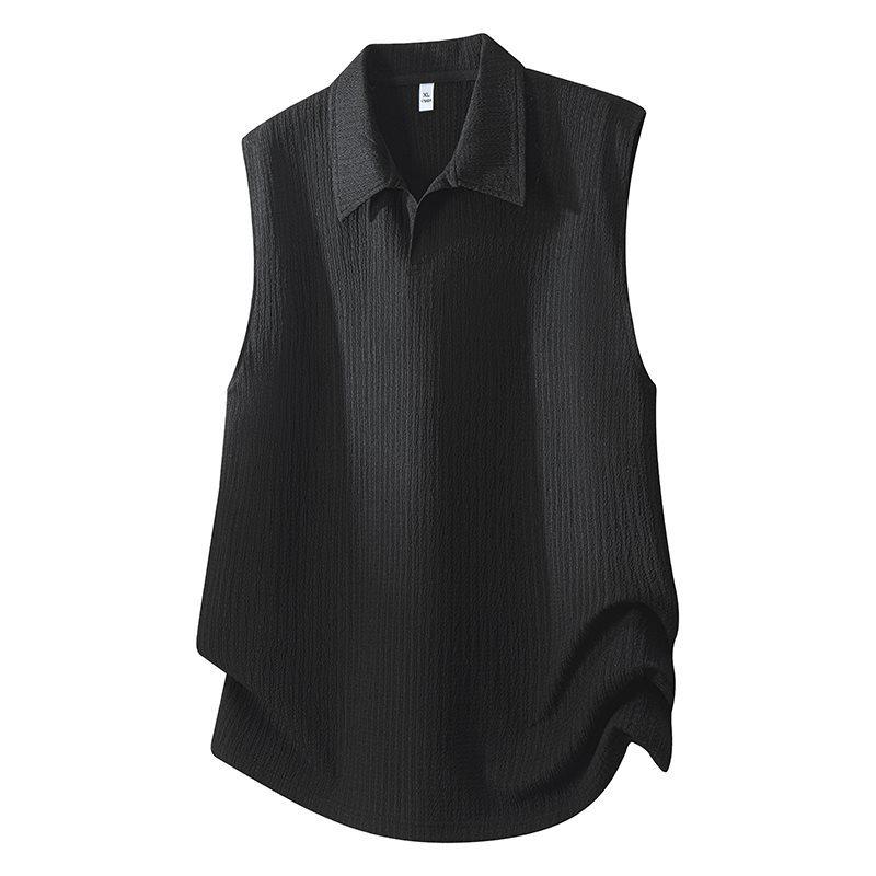 Herren Trendy Locker geschnittenes Schwarzes Ärmelloses Revers-T-Shirt für Frühling/Sommer XXL schwarz