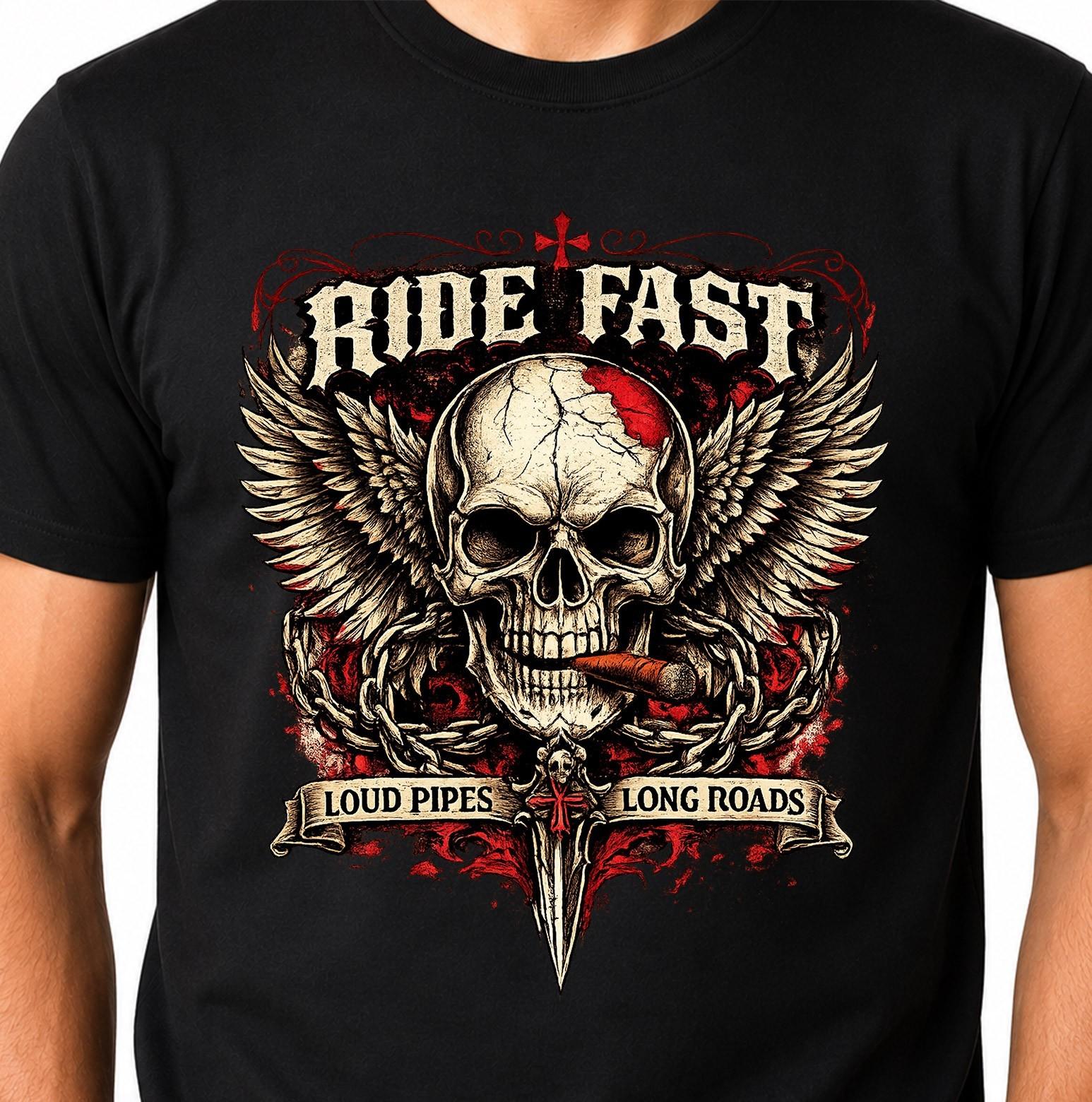 Ride Fast Loud Pipes Long Roads Skull Wings Biker Motorcycle Graphic T-Shirt. XL
