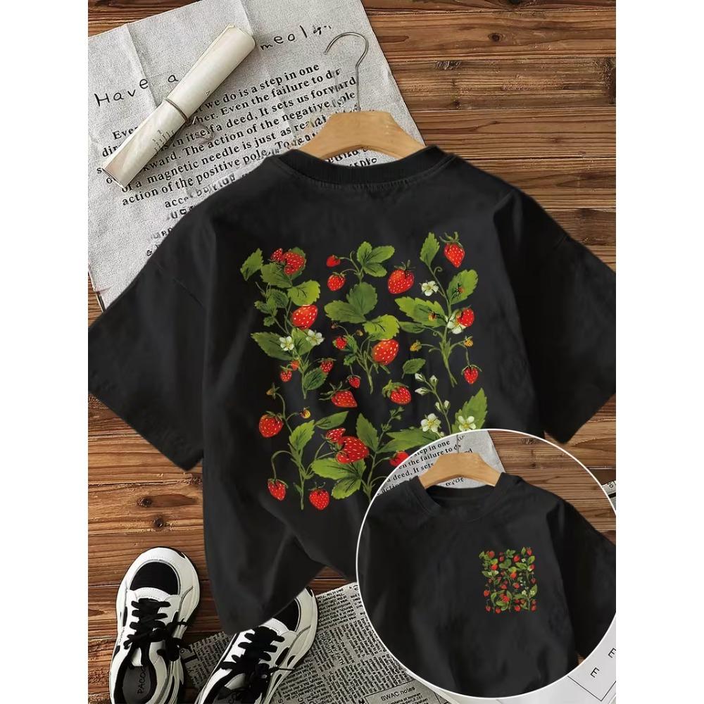 Strawberry Botanical Print T-Shirt,Women's T-shirt with Front & Back Design,Crew Neck Short Sleeve, Cottagecore Fruit Summer Tee