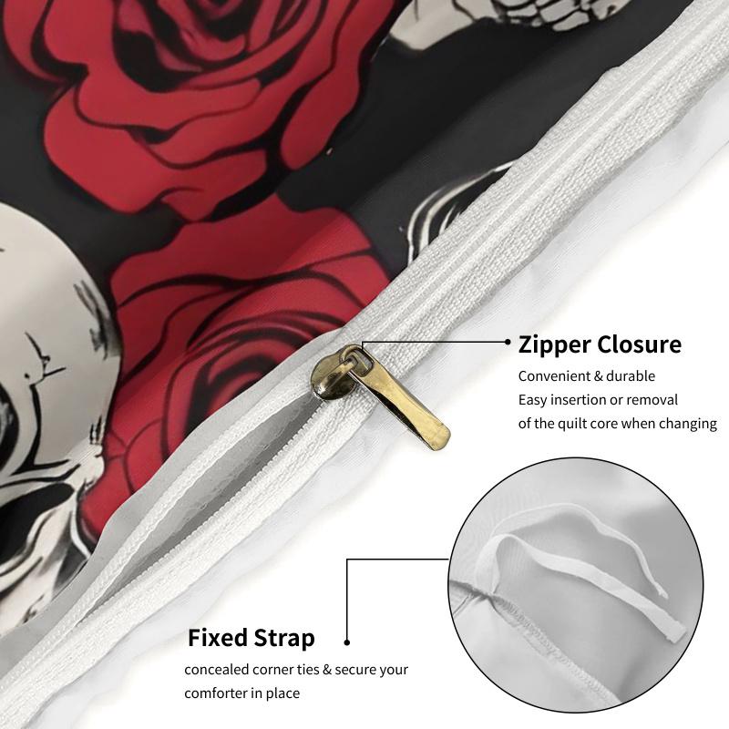 Skull And Rose Print Duvet Cover Set, No Filler, Soft and Comfortable Bedding Suitable for Bedroom and Hotel Decoration