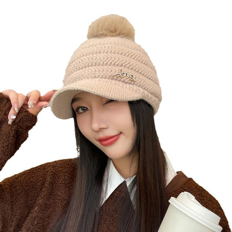 Rabbit-wool Hat for Women's Letters Bright Diamond Knitted Wool Cap Plus Velvet Warm Wool Ball Ear Protection Baseball Cap