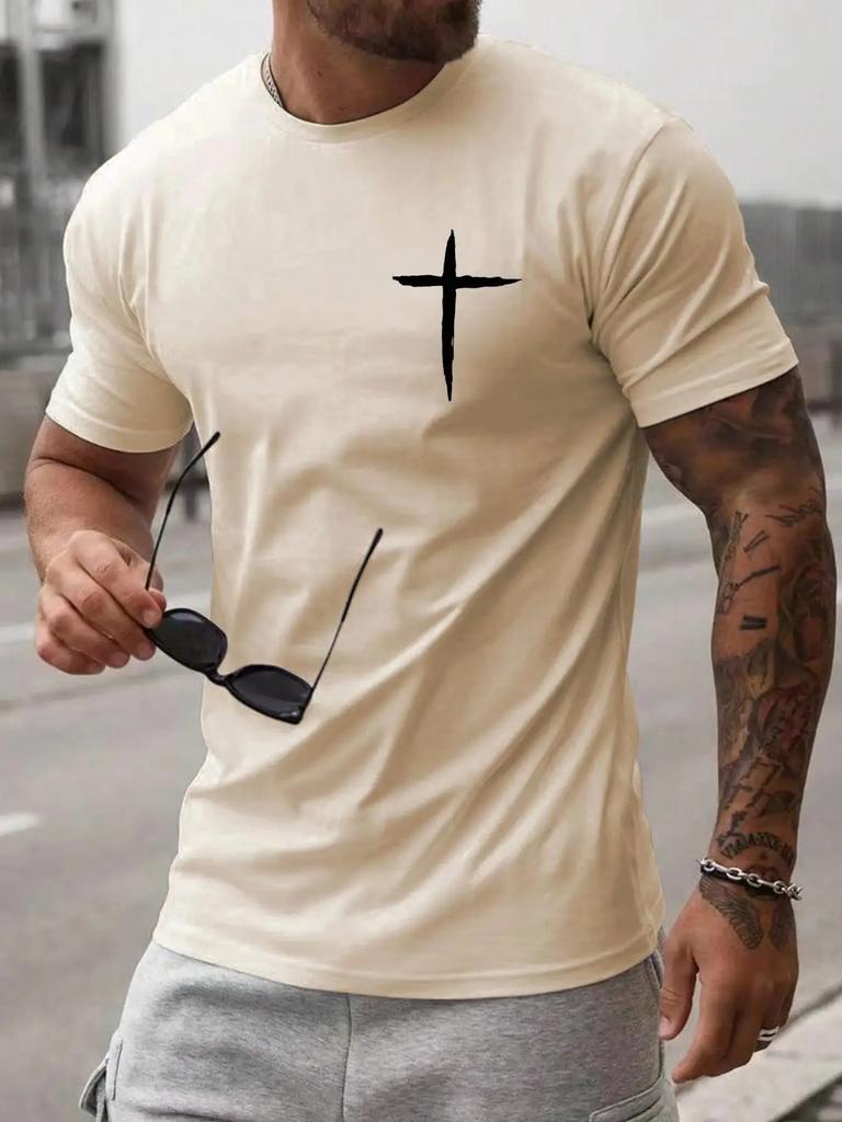 Simplicity Handwriting Cross Print Clothes Men Loose Oversized T-Shirt Summer Cotton Loose Short Sleeve Casual T-Shirts Tee