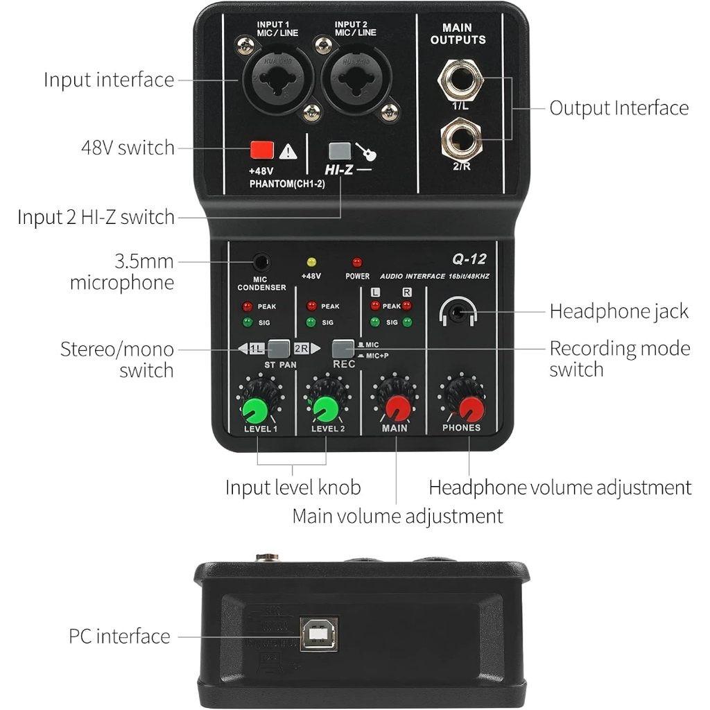 Portable Audio Interface Professional Mini External Sound Card Mixer 48V Computer Guitar Studio Dual Channel Audio Device