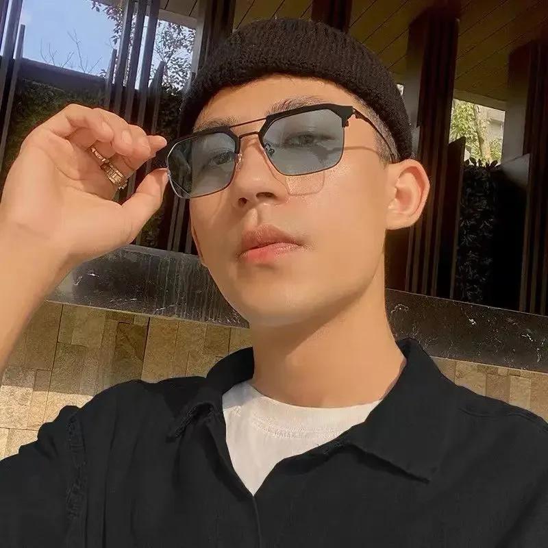 Mens Color Changing Anti Blue Light Glasses Metal Double Beam Retro Photochromic Eyewear Luxury Myopia Glasses