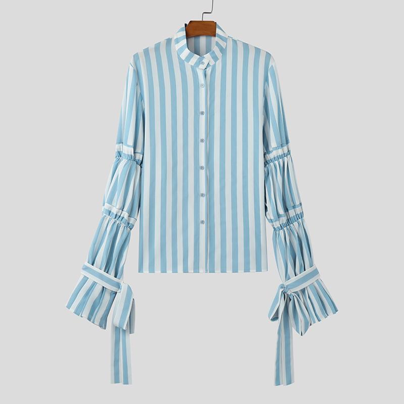 

INCERUN Мужские весенние рубашки без воротника с оборками и бантом, с длинным рукавом и полосатым принтом, топы M синий