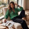 Women V-neck Shirt Ruffle V-Neck Top, Solid Color Casual Long Sleeve Breathable Pullover Shirt, Retro Pleated Loose Blouse for Autumn Top