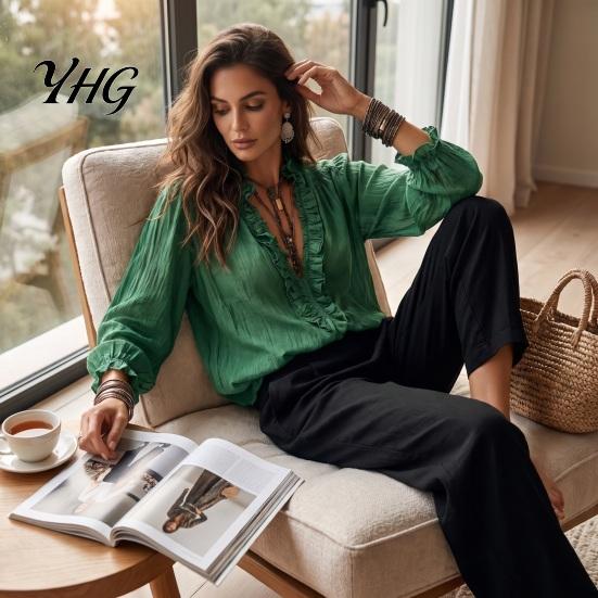 Women V-neck Shirt Ruffle V-Neck Top, Solid Color Casual Long Sleeve Breathable Pullover Shirt, Retro Pleated Loose Blouse for Autumn Top
