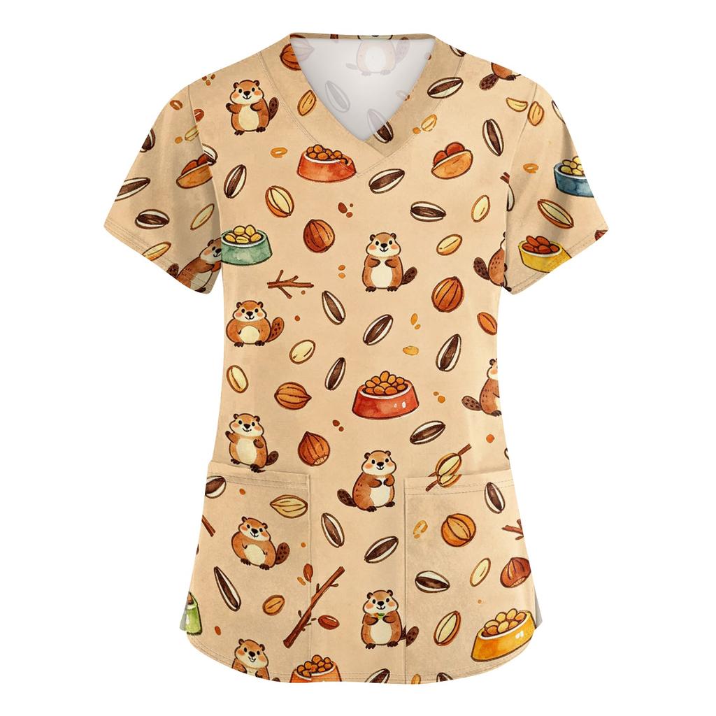 Women's V Neck Short Sleeve Work Top with Pockets Animal Print Medical Scrub Shirt for Healthcare Professionals Comfortable Fit
