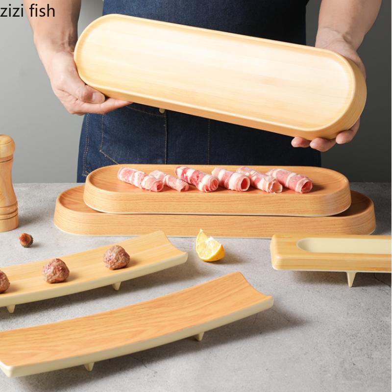 Vaisselle en mélamine Assiette à sushi longue Assiette à dîner imitation grain de bois Assiettes de service pour fondue Plateau à collation Assiettes Dim Sum Plat