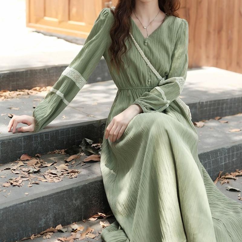 

Платье женское с темпераментом леди, ранняя осень, V-образный вырез, винтажная длинная юбка, нежный стиль, французское платье XL