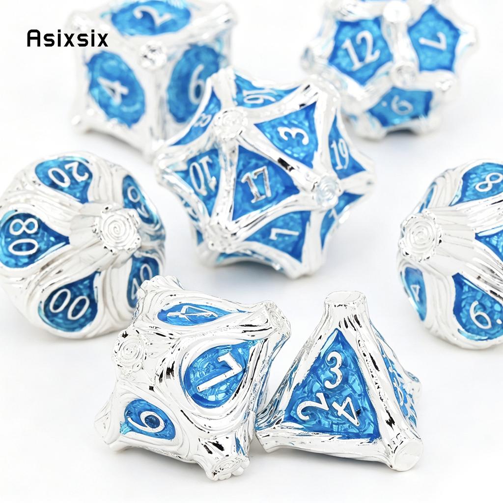 7 Pcs White Blue Tree Vine Metal Dice Solid Metal Polyhedral Dice Set Suitable for Role-Playing RPG Board Game Dice RPG