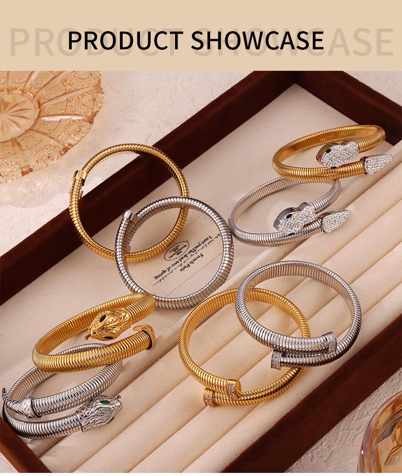 18K Gold Plated Zirconia Inlaid Titanium Steel Snake Head Tail Chain Bracelet