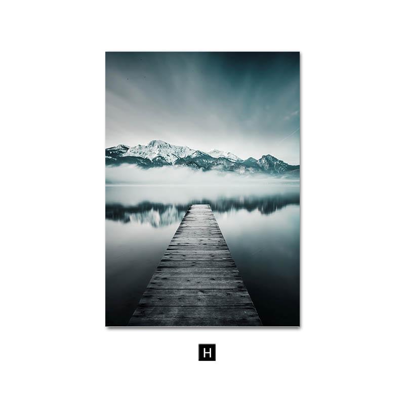 Naturlandskapsmålning Sjö Snöberg Canvas Poster Nordisk Stil Konsttryck Skog Brygga Citat Väggdekoration Bild