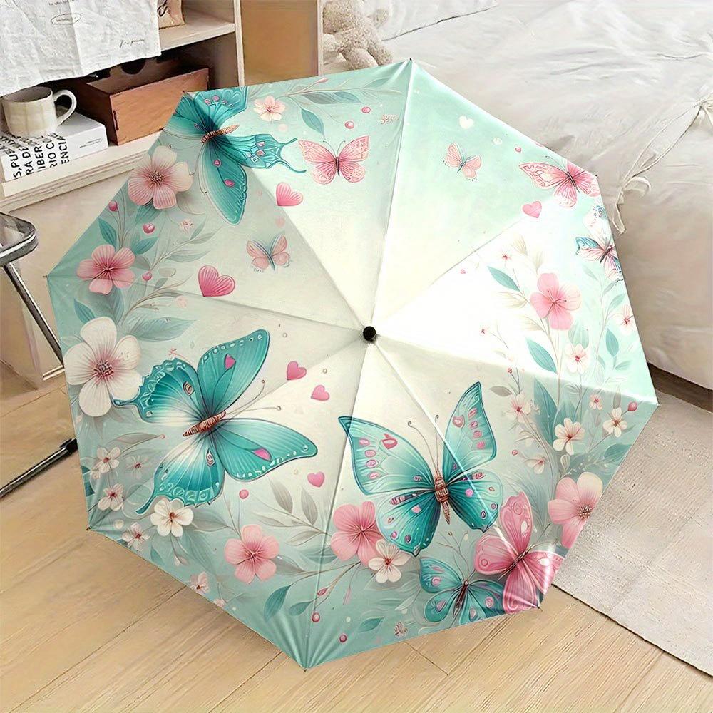 

Automatic Open/Close Folding Umbrella with Floral & Butterfly Patterns - Compact Travel Umbrella, Pastel Colors (Pink, Blue, G Iron&8K