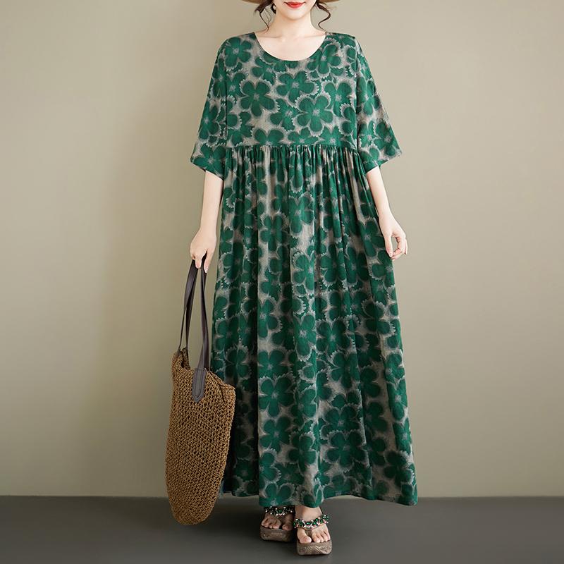 DIMANAF New 2026 Summer Women Plus Size Vintage Lady Long Dress Loose Oversize Maxi Floral Print Cotton Beach Dresses