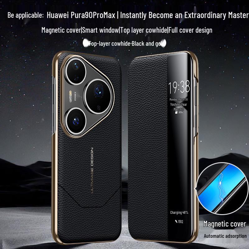 

Huawei Pura90 Pro Max Flip Phone Case: Premium Cowhide Magnetic Smart Window Protective Cover. Huawei Pura90 Pro Max