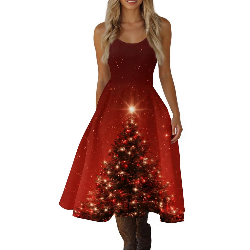 Women's Sexy Off-Shoulder Vintage Christmas Print Dress for Holiday Party