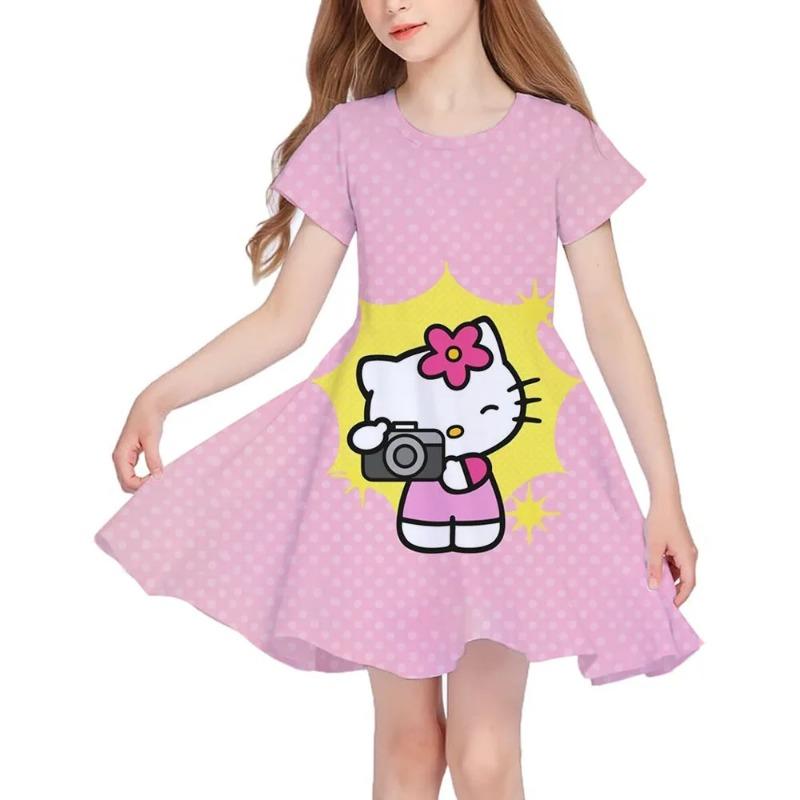 Summer New Girls Short-Sleeved Dress Hello Kitty 3D Printed Children's Fishtail Skirt Casual
