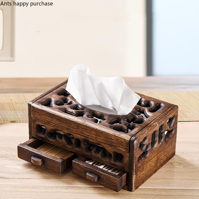 Cutie de depozitare multifuncțională din lemn masiv, retro, pentru sufragerie, masă de cafea, tavă pentru desktop, creativă, pentru uz casnic, cutie de depozitare pentru șervețele goale
