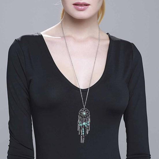 Boho Dreamcatcher Feather Turkis Tassel Chain Charm Halskjede kvinner smykker