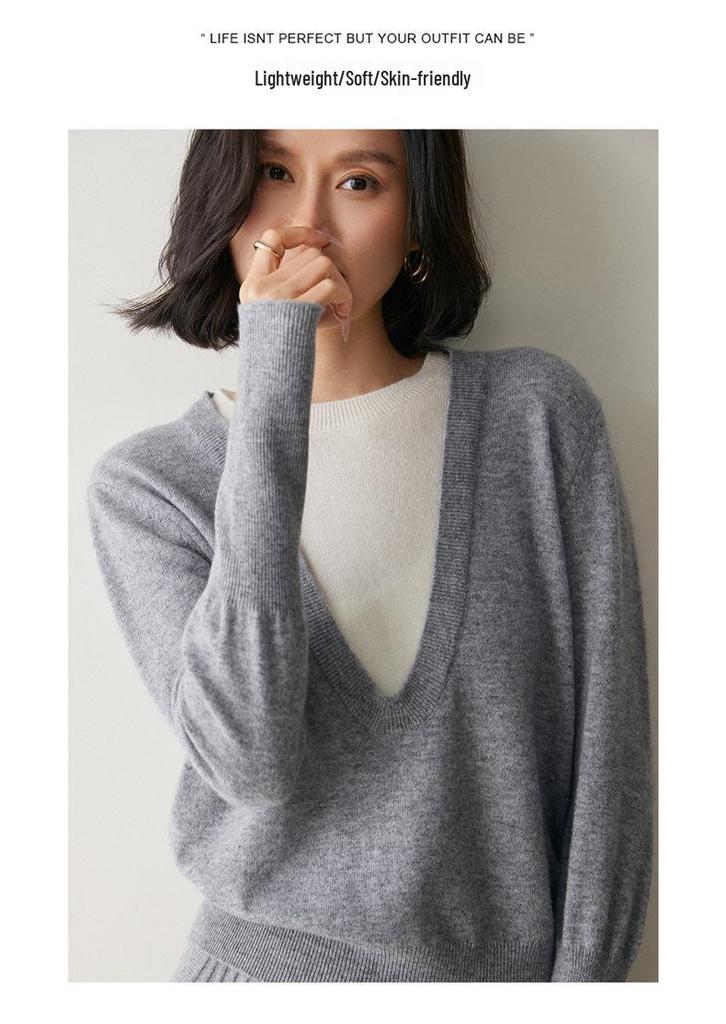 Round Neck Color Block Knit Cashmere Sweater - Loose Slimming Long Sleeve Fake Two-Piece for Autumn/Winter Women