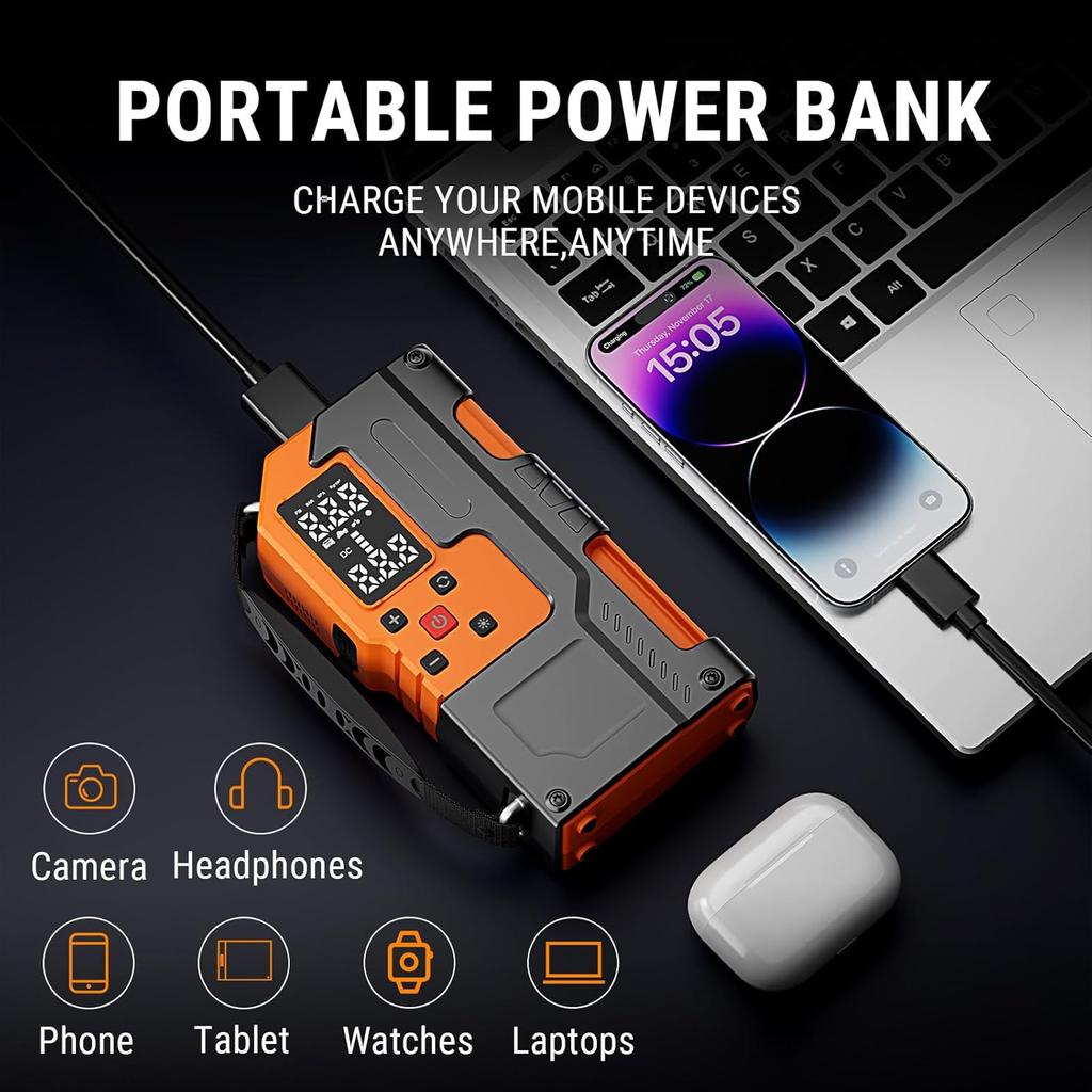 Car Battery Jump Starter with Air Compressor - 5000A 150PSI, 12V Portable Jump Starter with LCD Display & LED Light