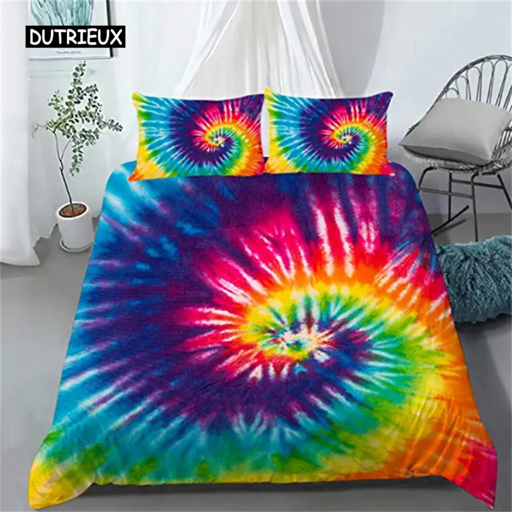 Tie Dye Duvet Cover Hippie Spiral Bedding Set Ethnic Boho Duvet Cover Swirl Tie Dye Pattern Bed Bohemian Hippie Bedding Decor