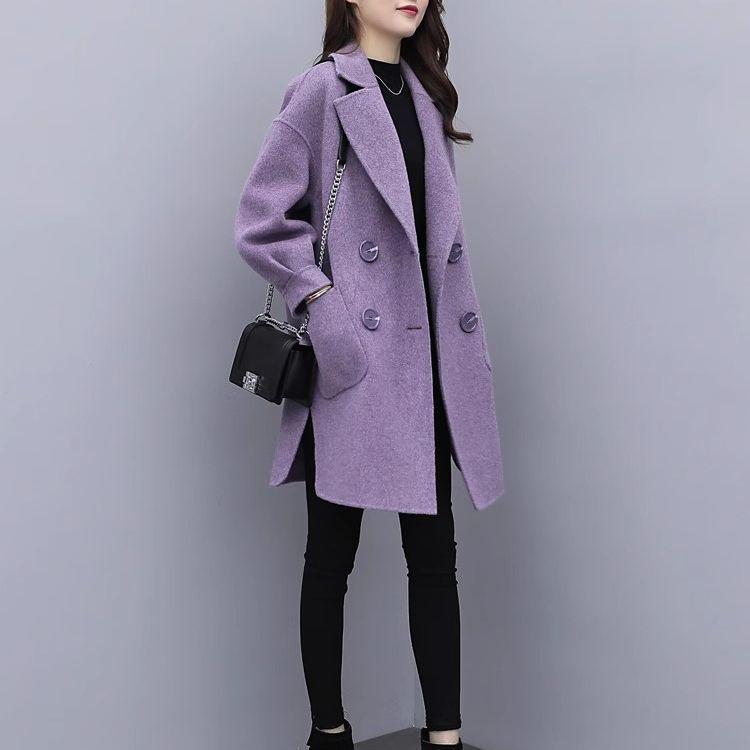 Petite Women's Mid-Length Lantern Sleeve Black Wool Coat - 2025 Korean Style for Autumn and Spring