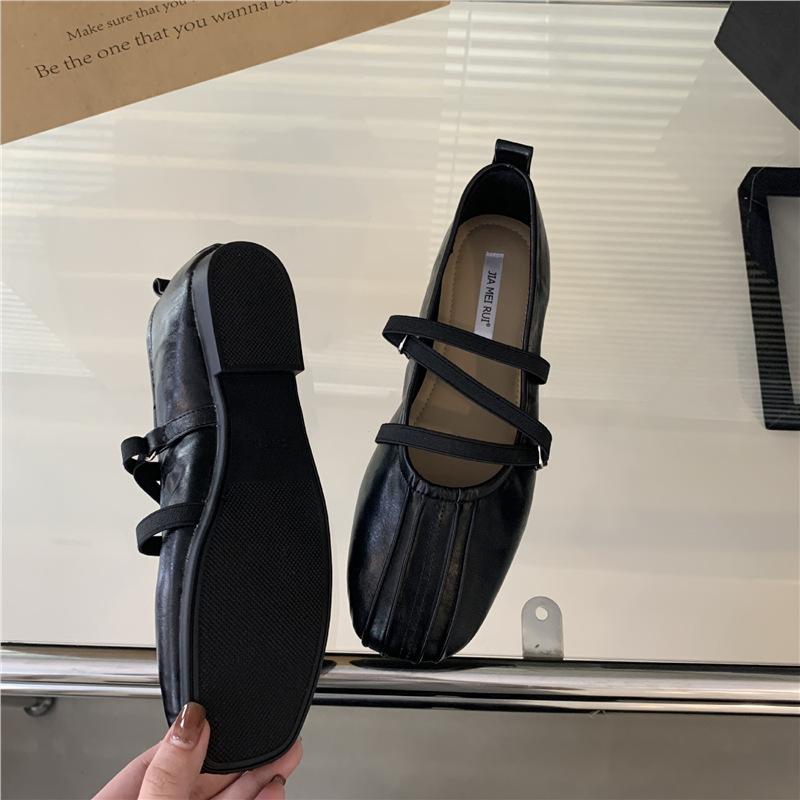 Sheepskin version! Retro pleated ballet Mary Jane shoes women's cross strap niche flat bottom square head with skirt single shoes