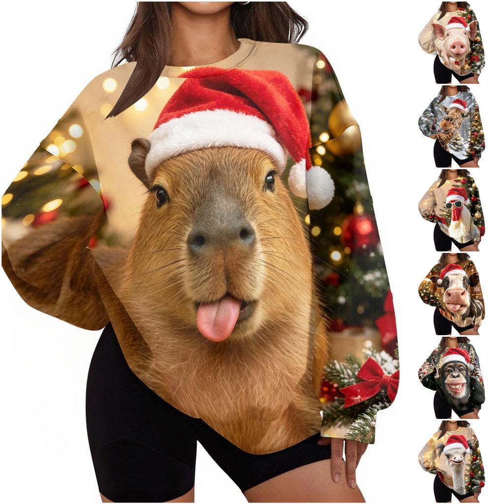 Women's Trendy Christmas Print Crewneck Sweatshirt Lightweight Casual Pullover Top