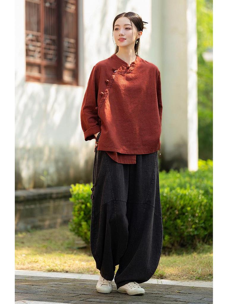 New Women's Cotton Linen Retro Stand Collar Shirt with Frog Buttons
