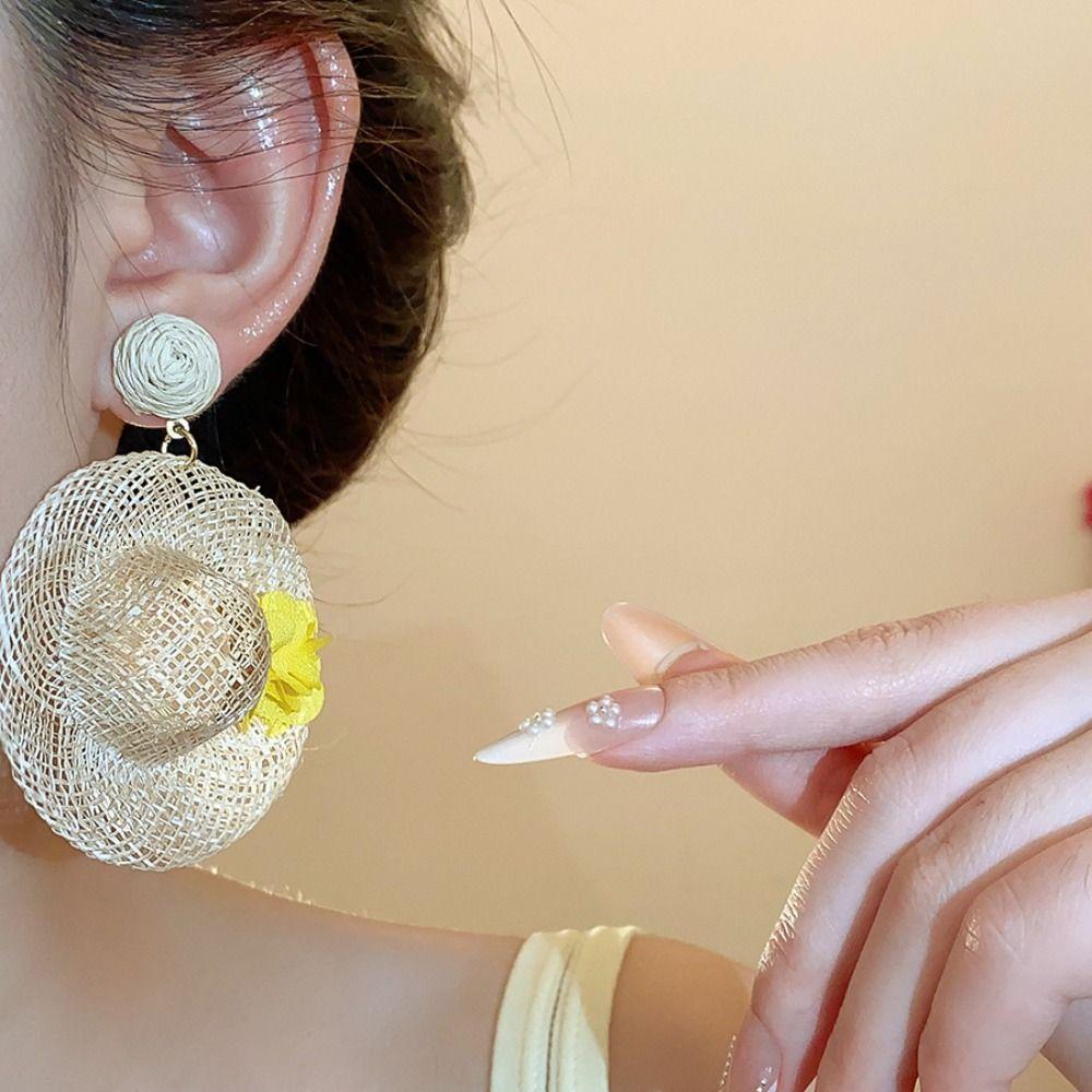 Beach Jewelry Rattan Weave Earrings Flower Straw Hat Earring Sweet Lafite Grass Hat Earrings Women